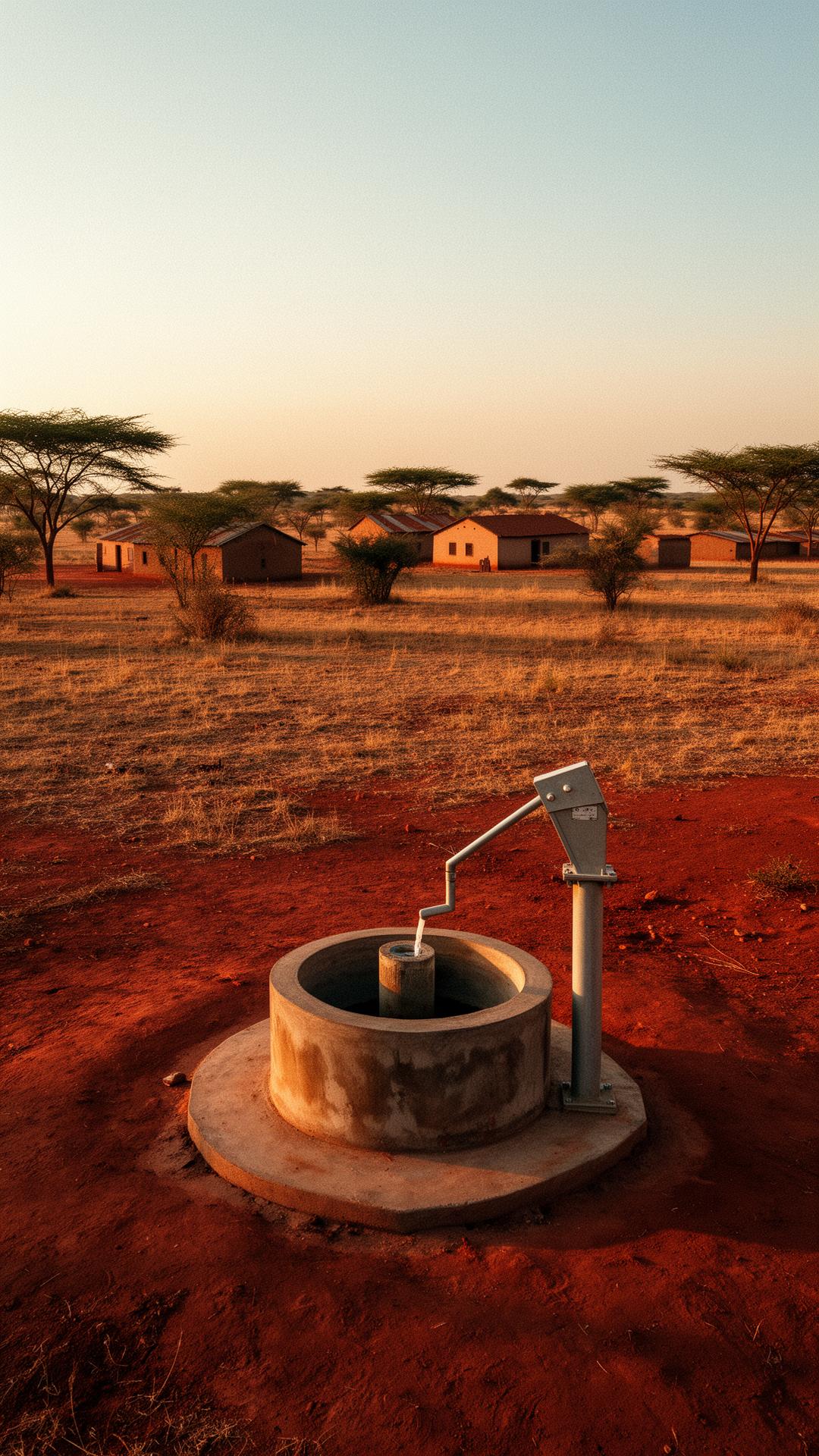 Hand-pump borehole on red-earth savanna at golden hour, Upper East Region of Ghana