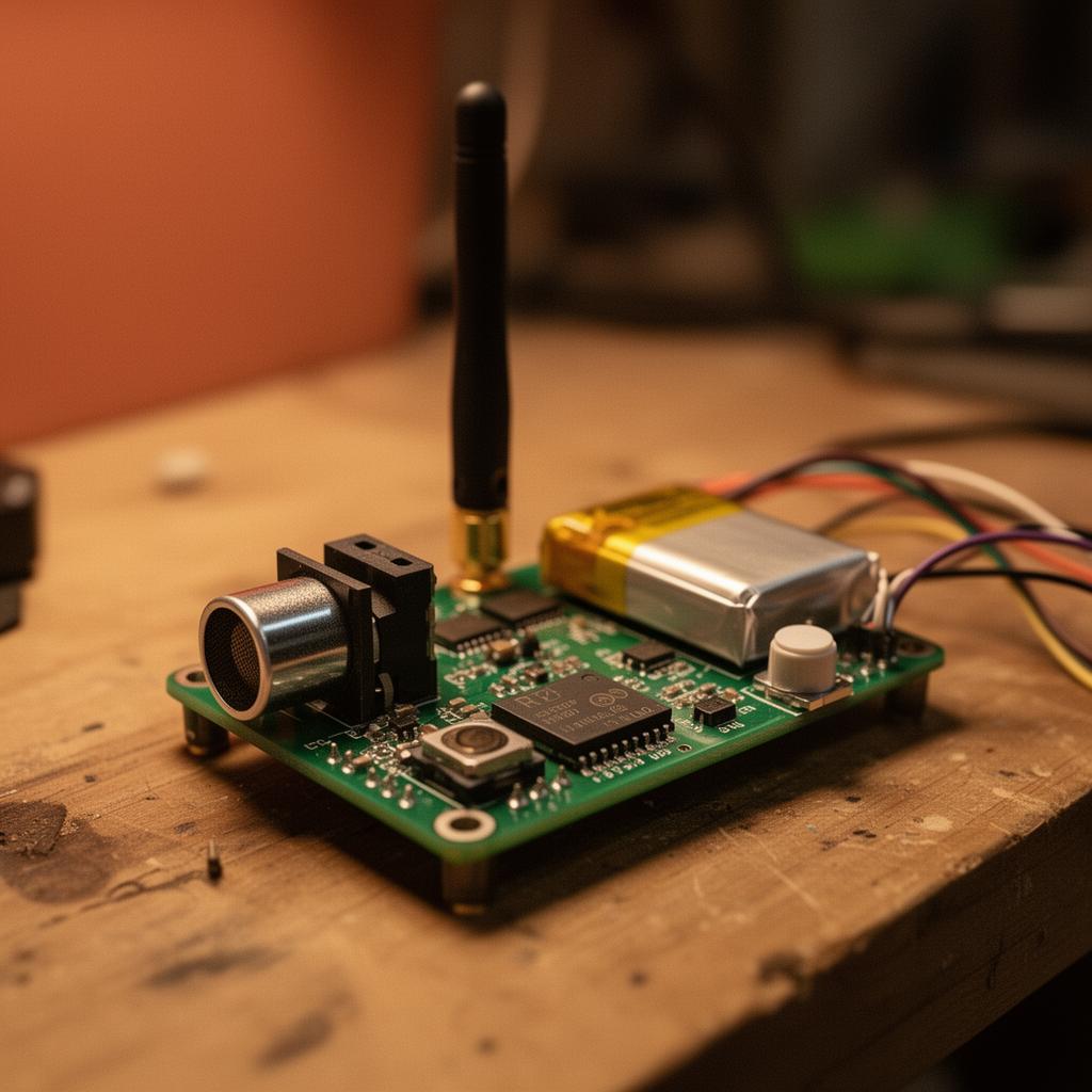 Prototype IoT node on a workbench: PCB, antenna, ultrasonic sensor, LiPo battery, RTC module