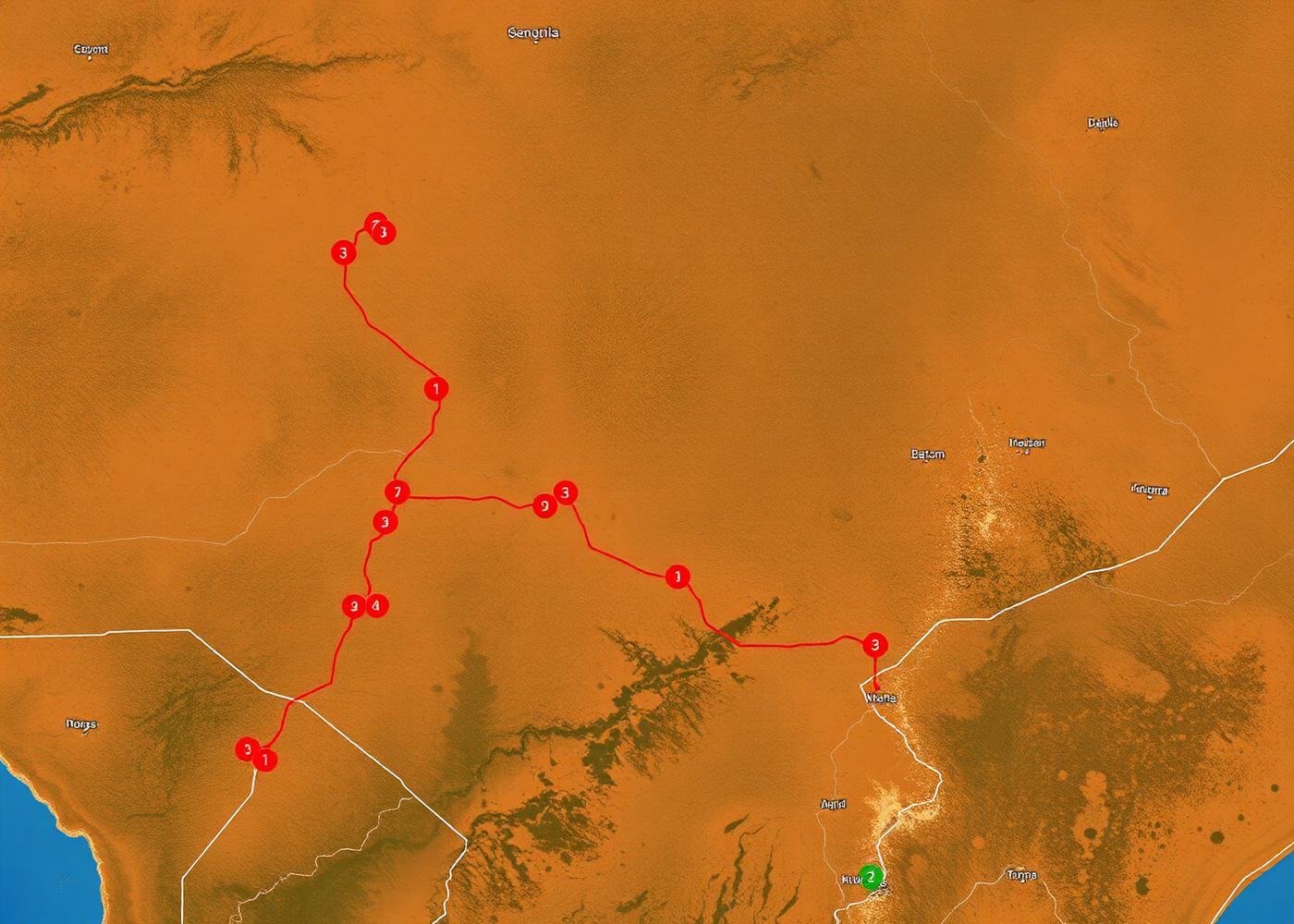 Stylized satellite map showing pit-latrine markers and a planned vacuum-truck route